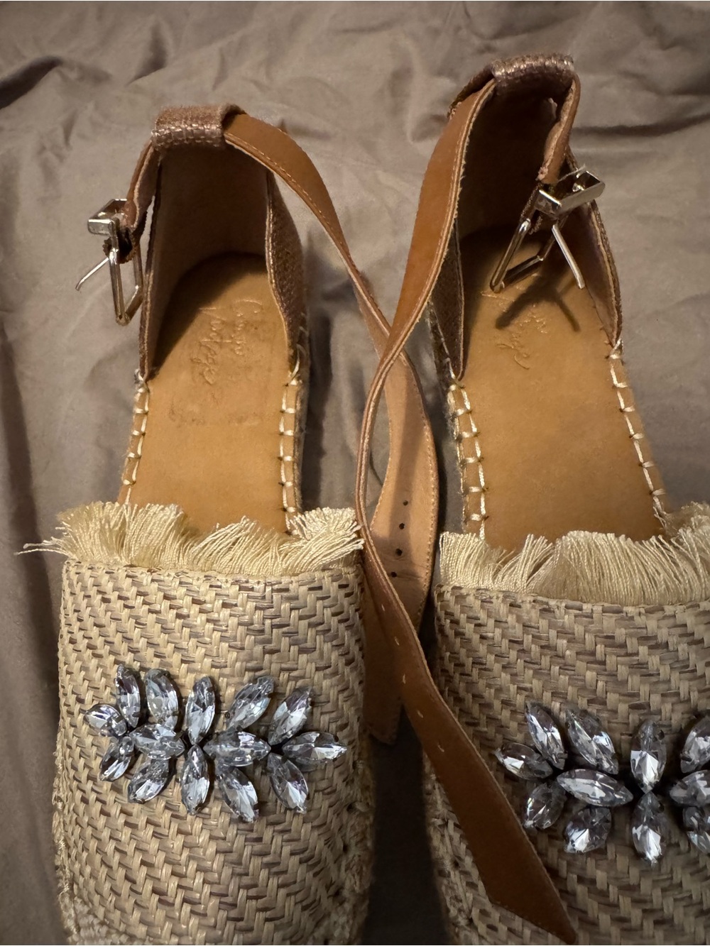Crown Vintage Tan Beige Woven Espadrilles with Crystal Embellishment - Picture 7 of 10